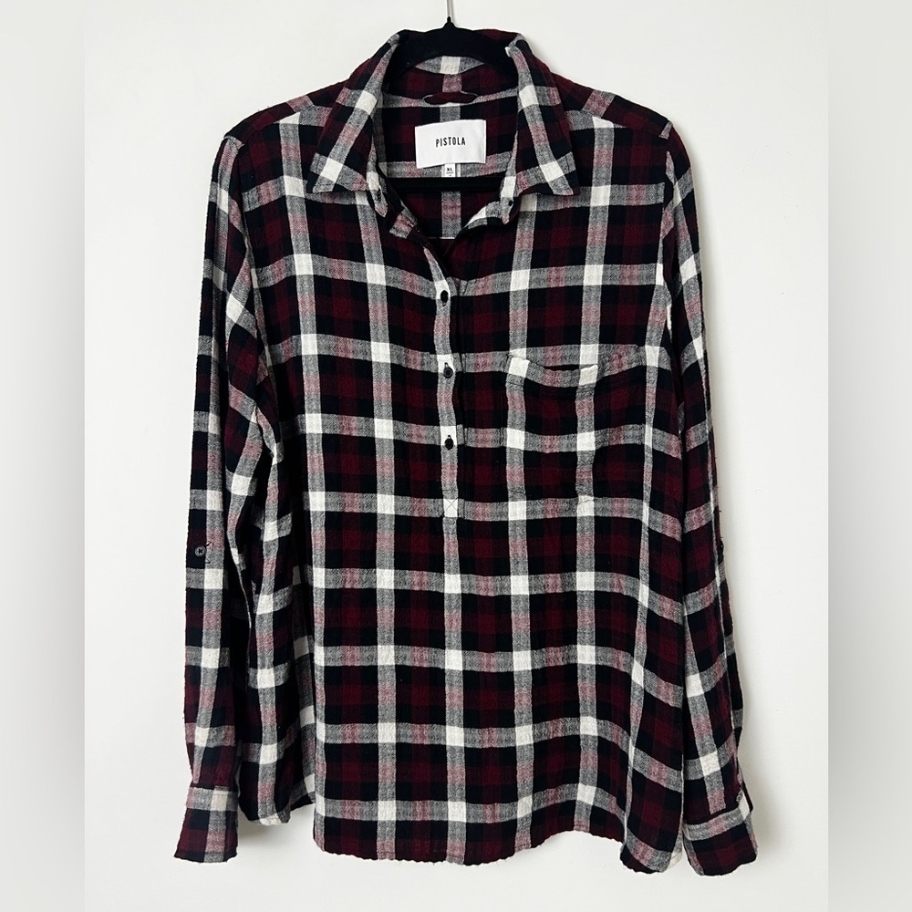 Pistola Red Buffalo‎ Check Popover Roll Tab Sleeve Button Back Flannel Shirt XL